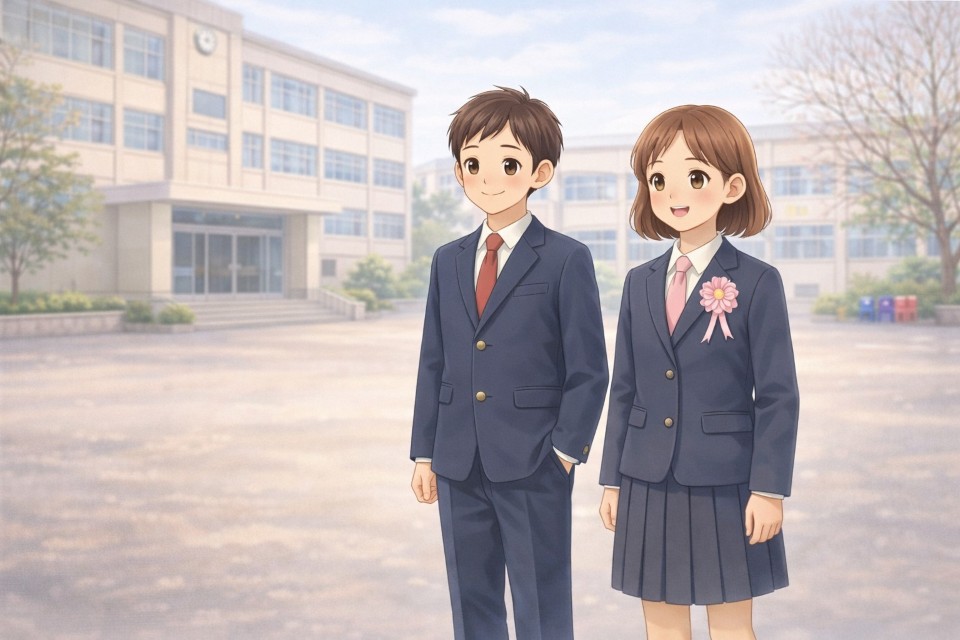 小学校の卒業式でスーツやブレザーを着た男女のイメージイラスト