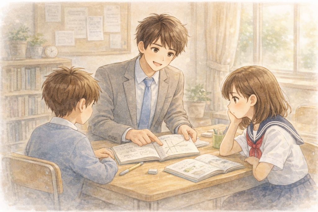 若い先生が中学生に勉強を教えている様子