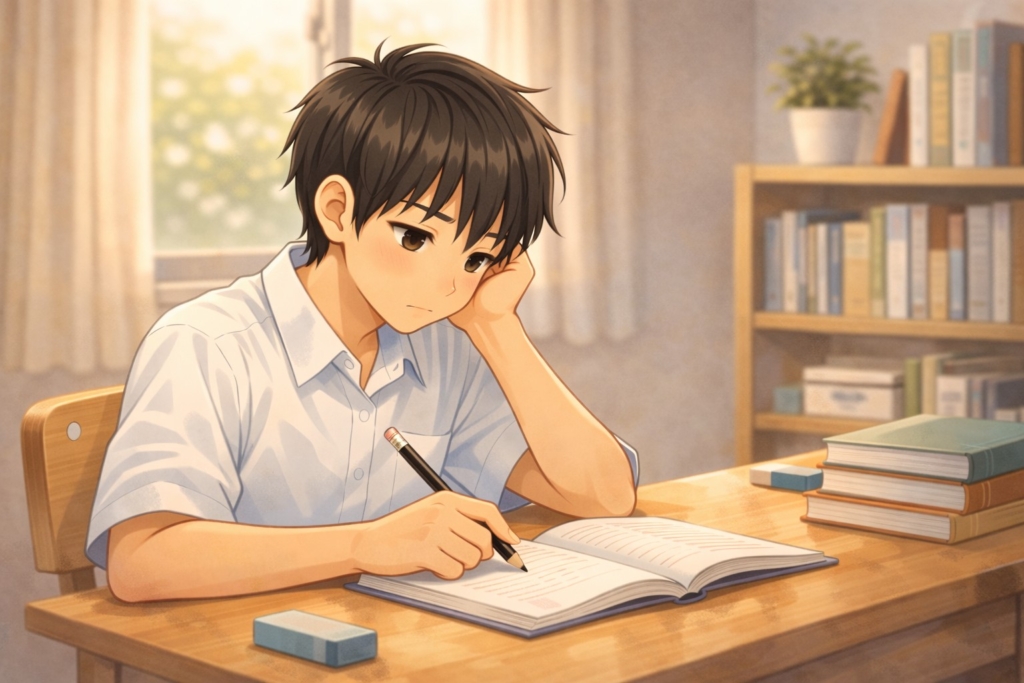 中学校の勉強に悩み家で勉強している男子中学生（中1ギャップのサイン）