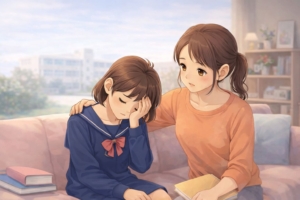 中学校生活に疲れた娘に寄り添う母親のイメージ（中１ギャップ）