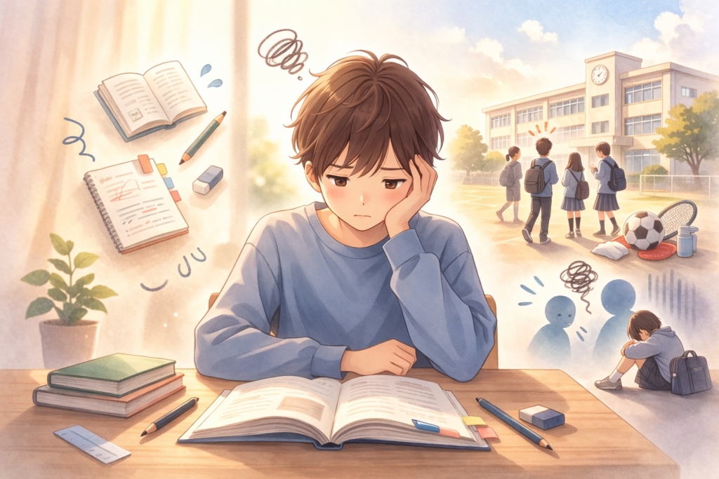 中学生の男の子が勉強や部活、人間関係など学校生活の悩みを抱えているイメージ