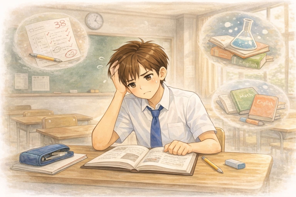 中学生の男の子が勉強に悩んでいる様子