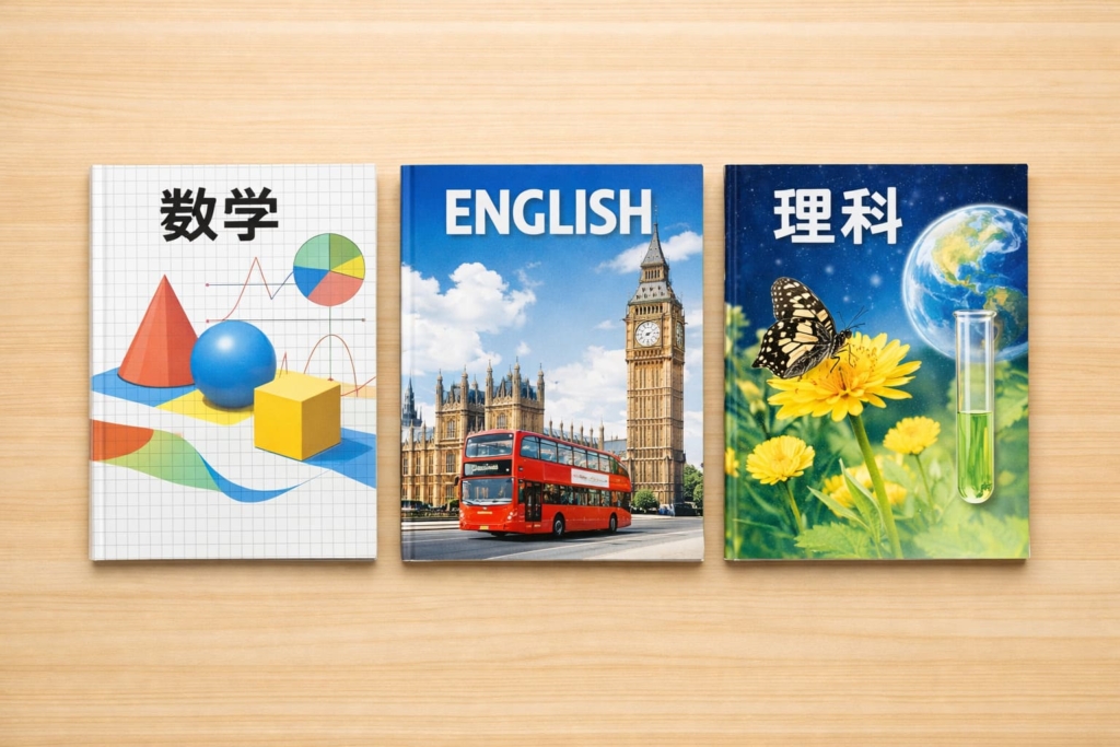 数学・英語・理科の教科書が並んでいるイメージ