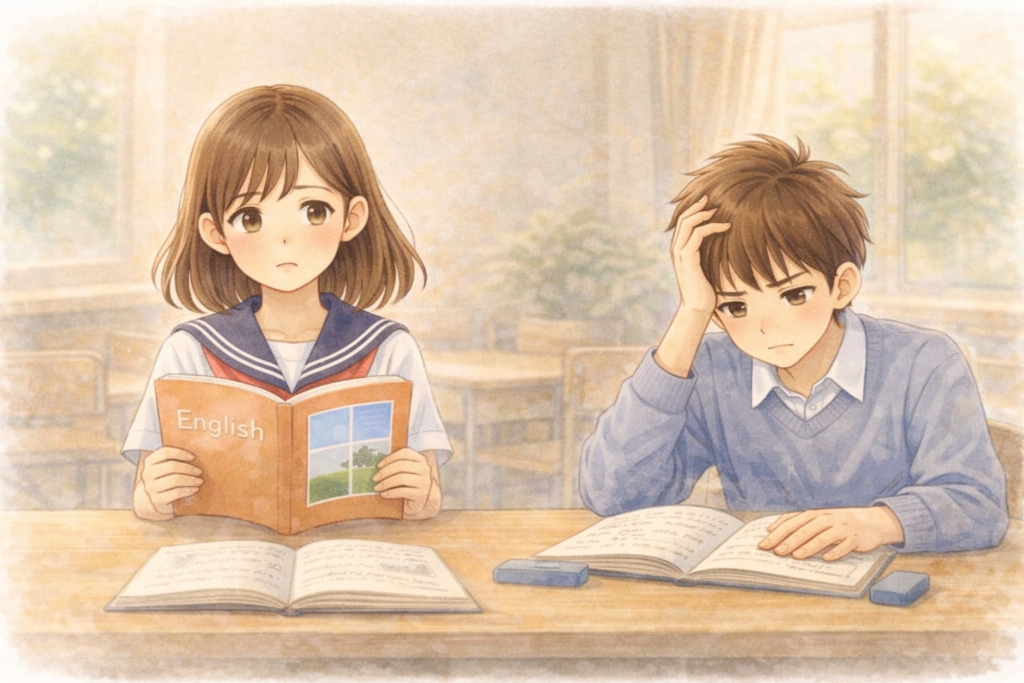 中学生が数学と英語の勉強につまずいている様子