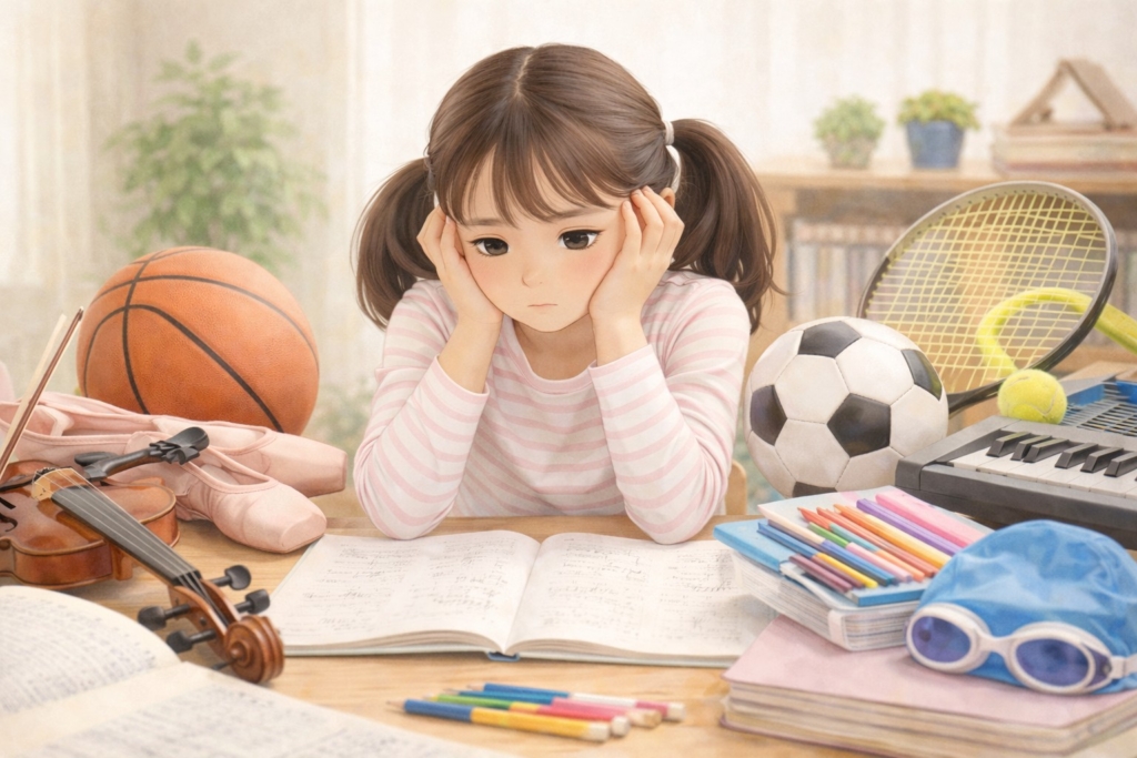 習い事が多くて悩む小学生の女の子とスポーツやピアノなど複数の習い事道具