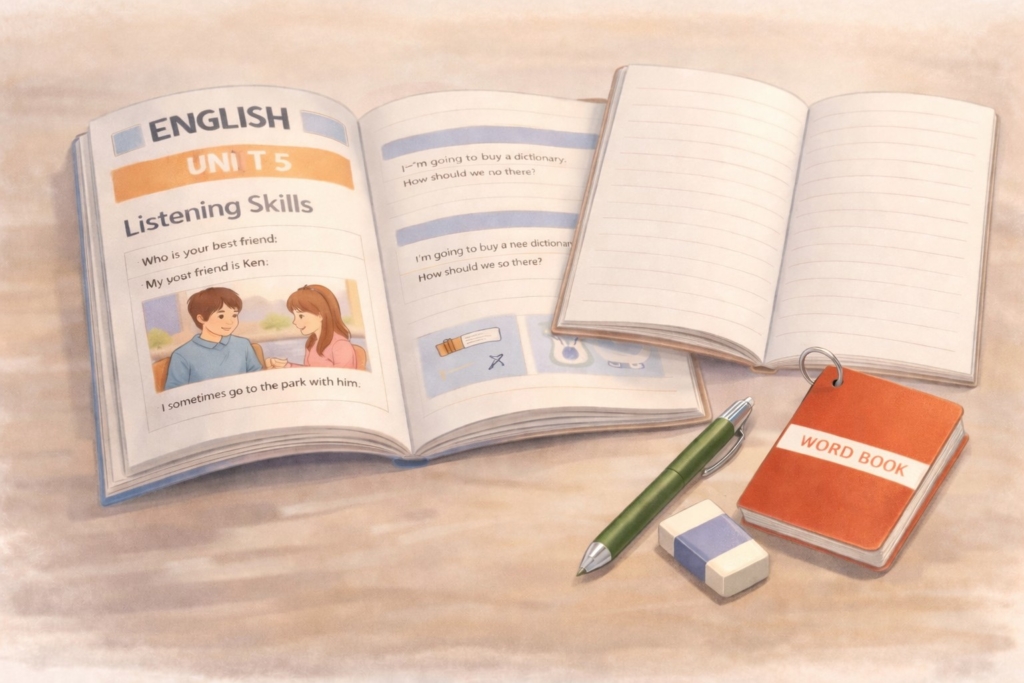 英語の教科書とノートと文房具