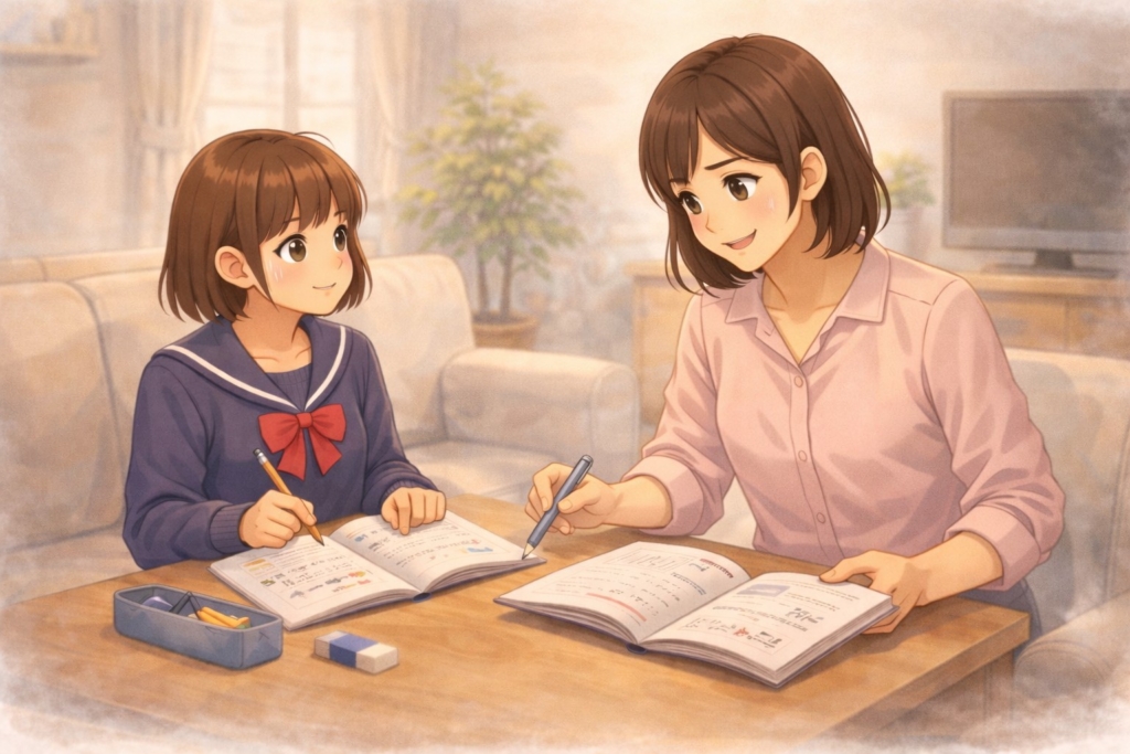 女性の家庭教師に勉強を教わる中学生の女の子