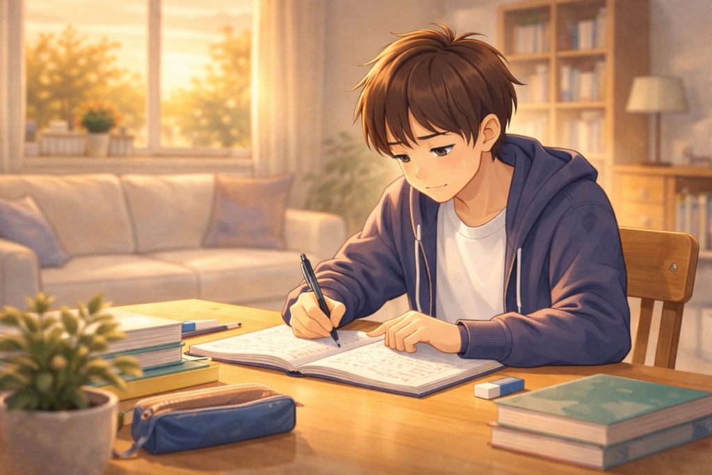 家で勉強している中学生の男の子