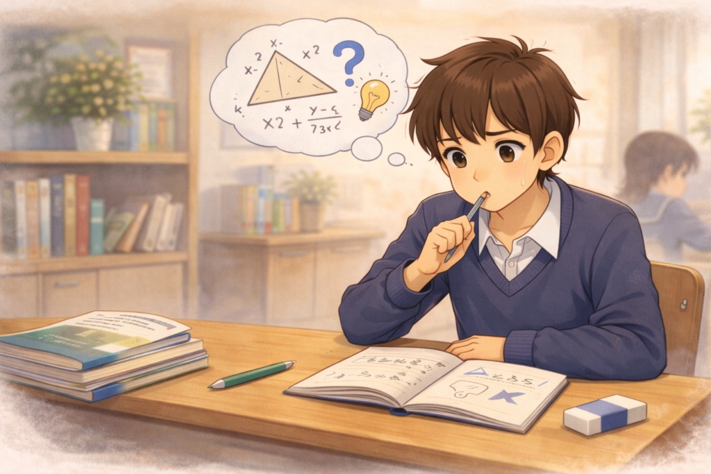 問題を考えている中学生の男の子