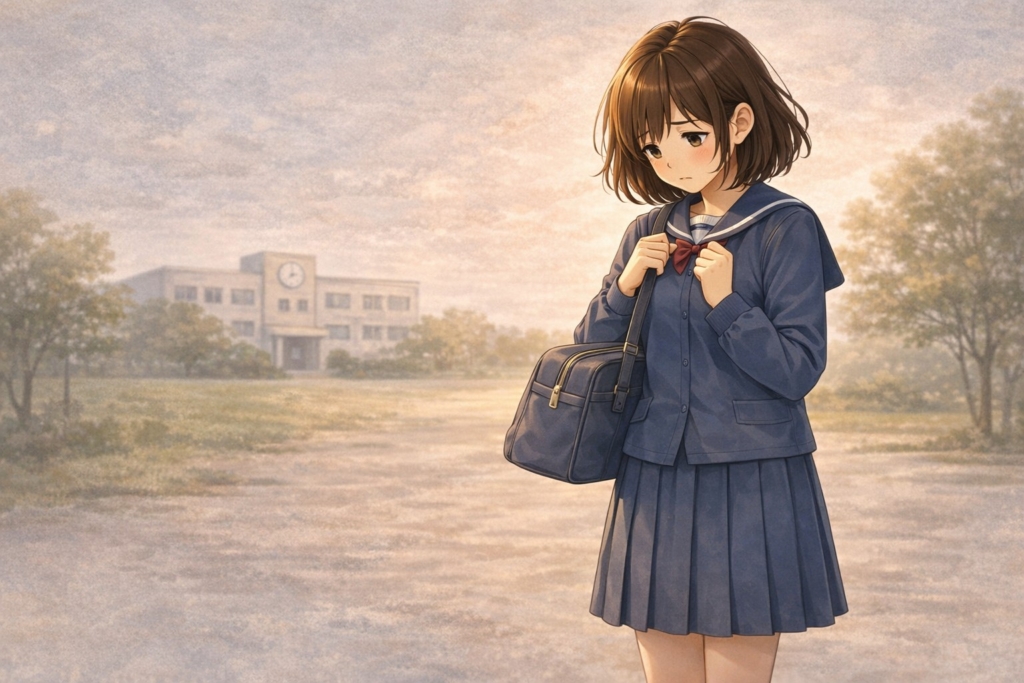 中1ギャップで不安を感じる女子中学生のイメージ（学校生活の変化に戸惑う様子）