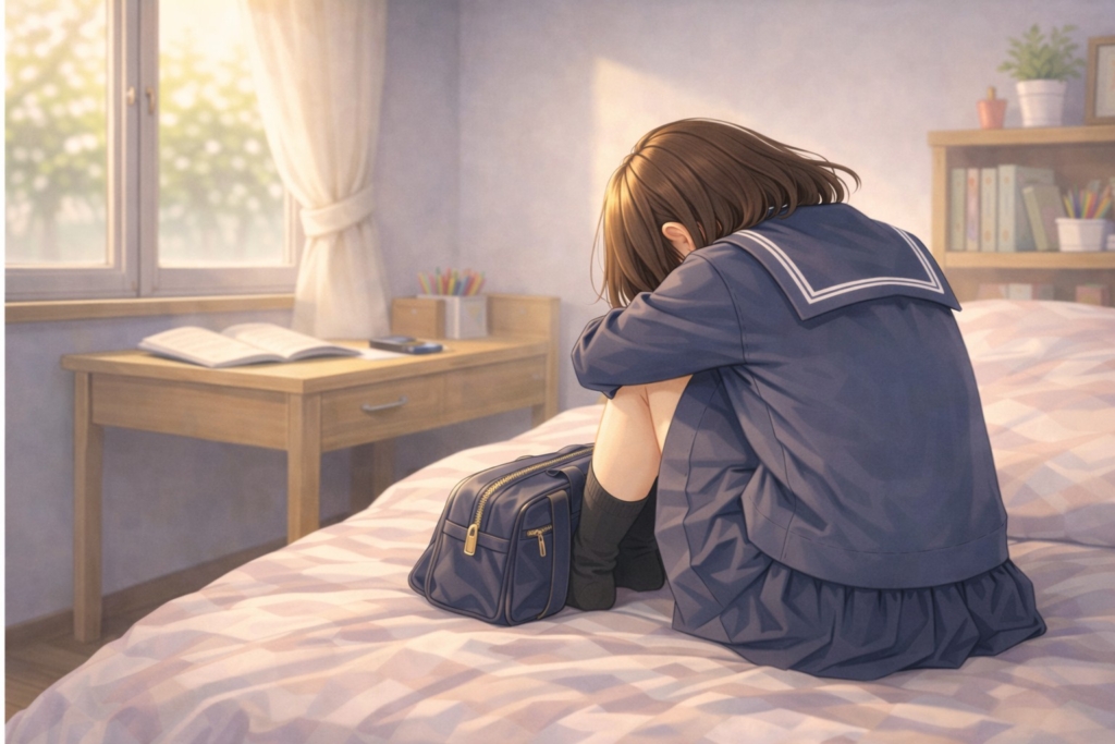 学校に行きたくない気持ちを抱える中学1年生のイメージ