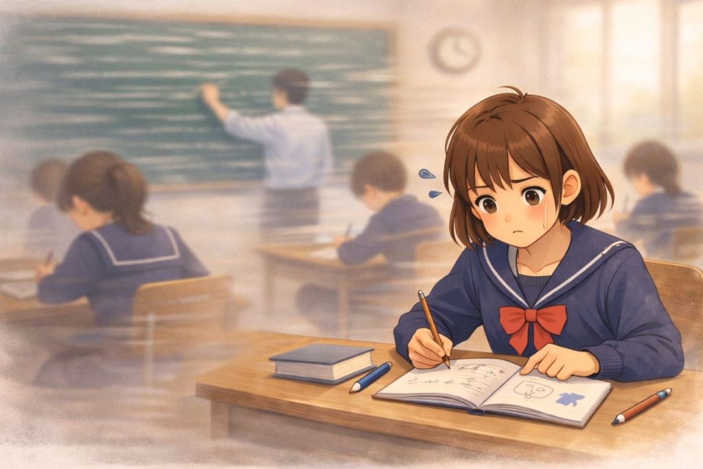 中学生の勉強が急に難しくなる理由に悩む中学生女子のイメージ