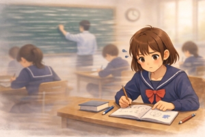 中学生の勉強が急に難しくなる理由に悩む中学生女子のイメージ