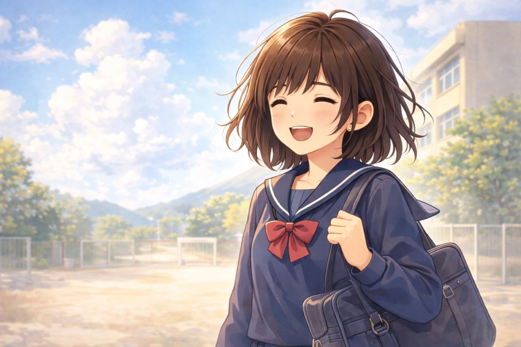 笑顔で学校に向かう中学生の女の子
