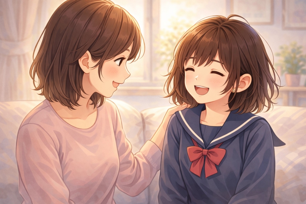 母親が中学生の娘の話を優しく聞いている様子