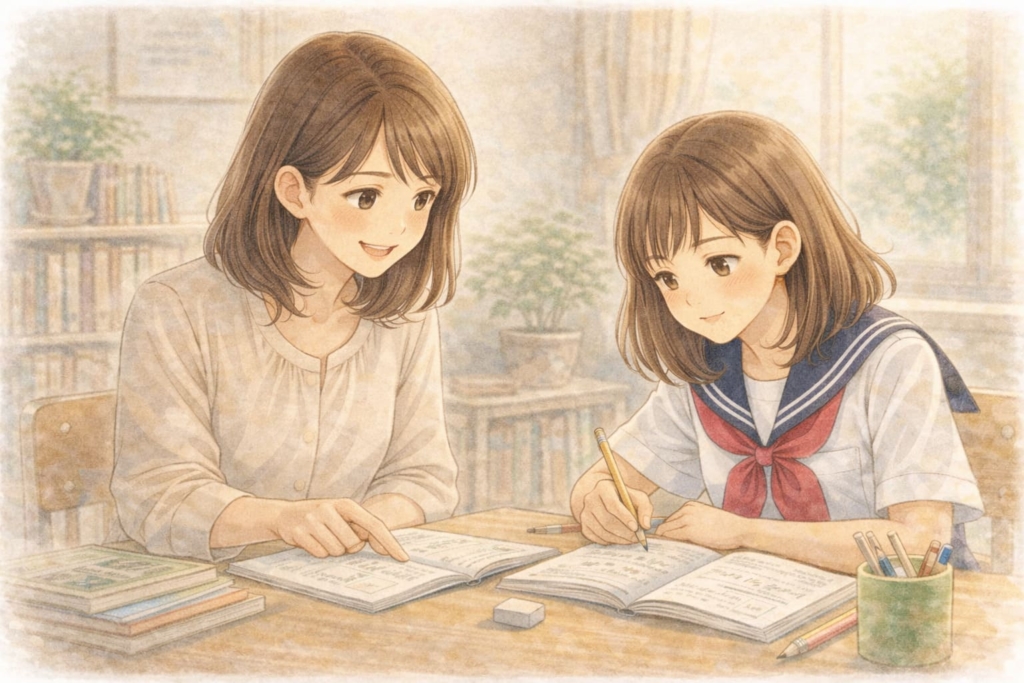 母親が中学生の子どもを見守りながら勉強をサポートしている様子