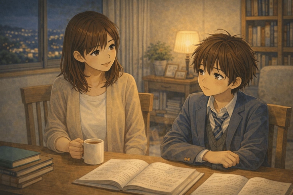 夜、ダイニングテーブルでママが中学生の息子に優しく話しかけているイラスト