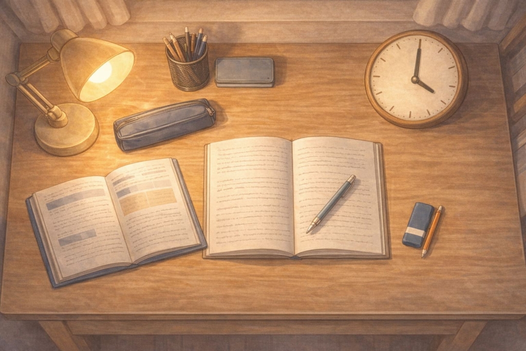 勉強道具と時計が並んだ学習机を上から見たイラスト