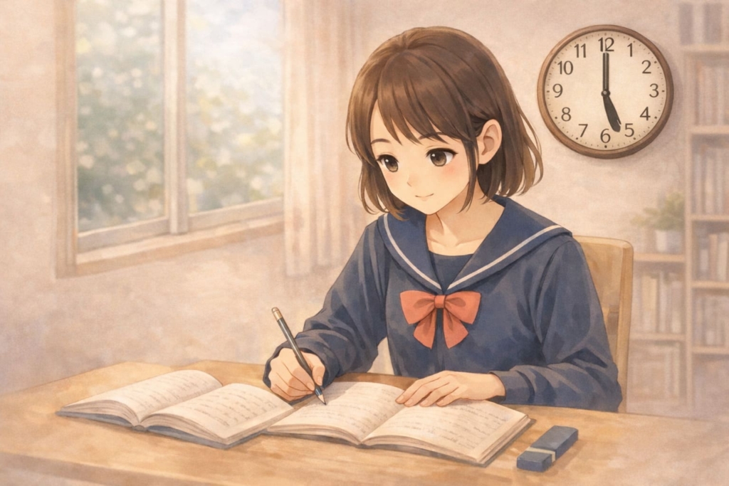 中学生の女の子が自室の机で勉強している様子のイラスト