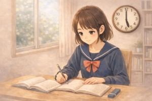 中学生の女の子が自室の机で勉強している様子のイラスト