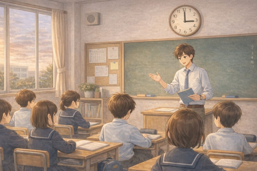教室で授業を受ける中学生たちのイラスト