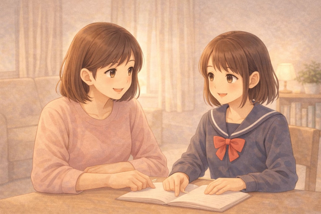 リビングでノートを見ながら優しく話しかけるお母さんと中学生の娘のイラスト