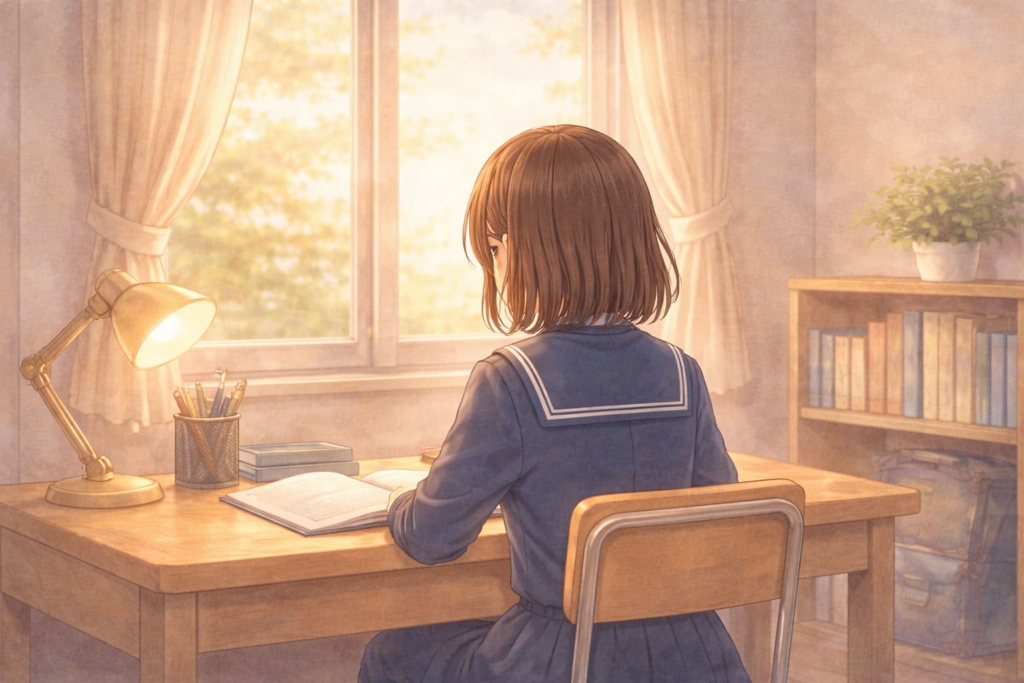 朝の光の中で窓辺の机に向かう中学生の後ろ姿のイラスト