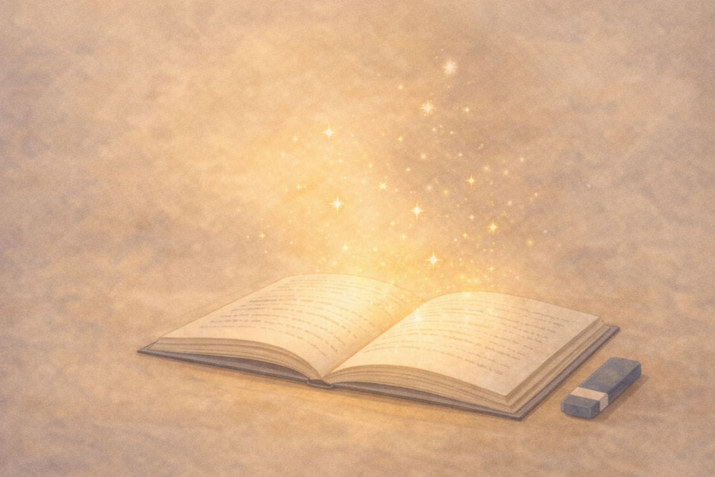 開いた本から光と星がふわっと広がるイラスト
