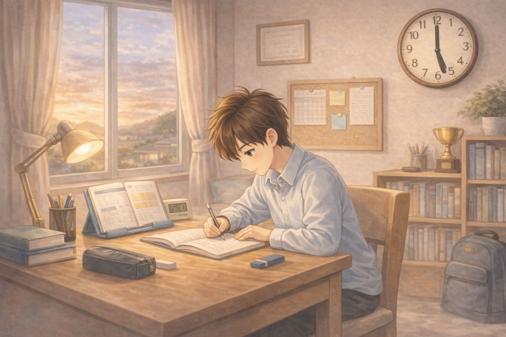 夕暮れ時に自室で勉強する中学生の男の子のイラスト
