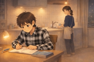 夕食後にダイニングテーブルで勉強する中学生の男の子とキッチンに立つお母さん