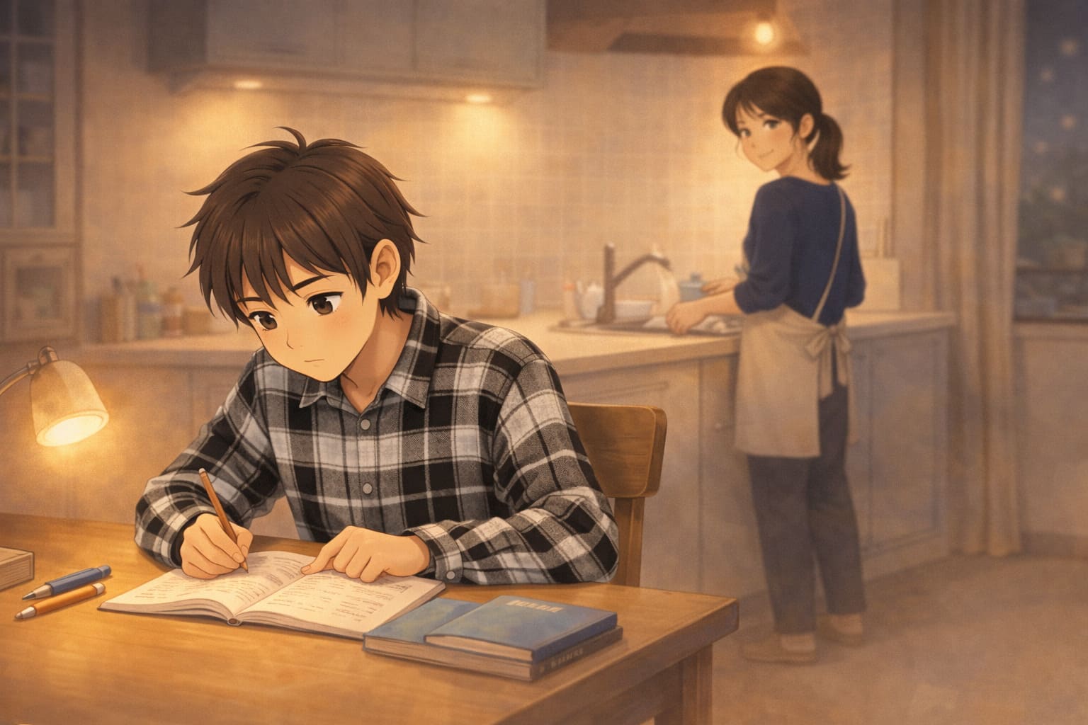 夕食後にダイニングテーブルで勉強する中学生の男の子とキッチンに立つお母さん