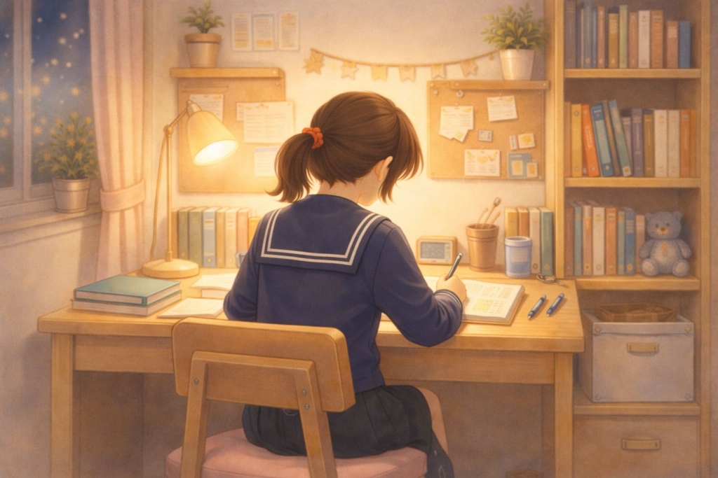 自分の部屋の勉強机に向かって集中して勉強する中学生の女の子