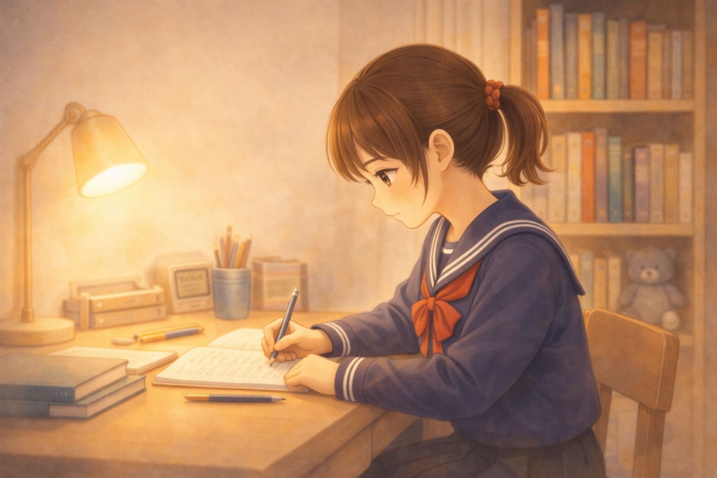 自室の勉強机でノートに向かって集中して書く中学生の女の子