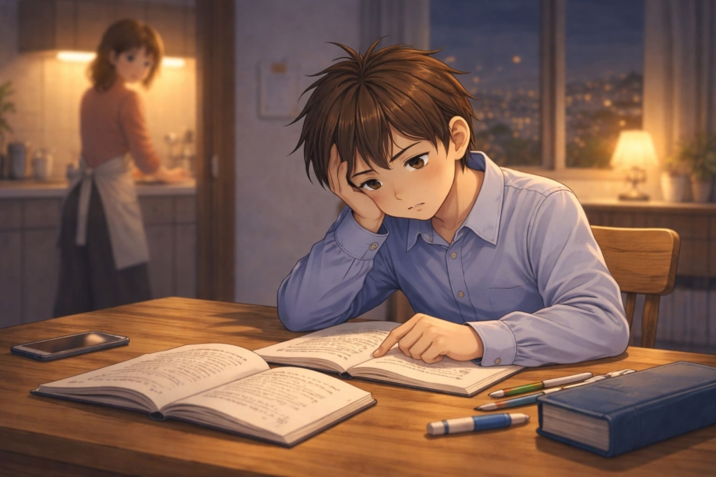 勉強についていけず悩む中学生とそれを見守るママのイラスト