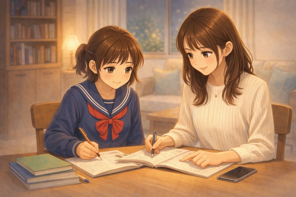 自宅で家庭教師の先生と一緒にノートに向かって勉強する中学生の女の子