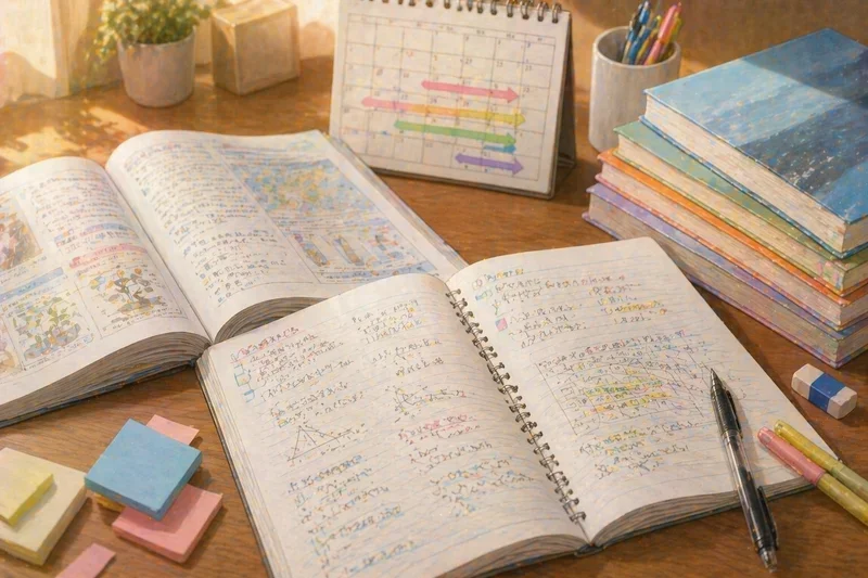 中学の定期テスト勉強に使うノートとスケジュール帳のイラスト