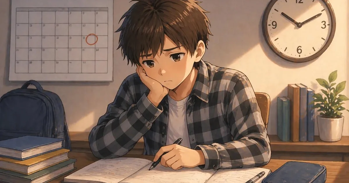 中学生がテスト勉強をいつから始めるか悩んでいるイラスト