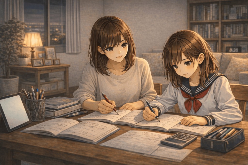 家庭教師の先生と中学生が夜一緒に勉強しているイラスト