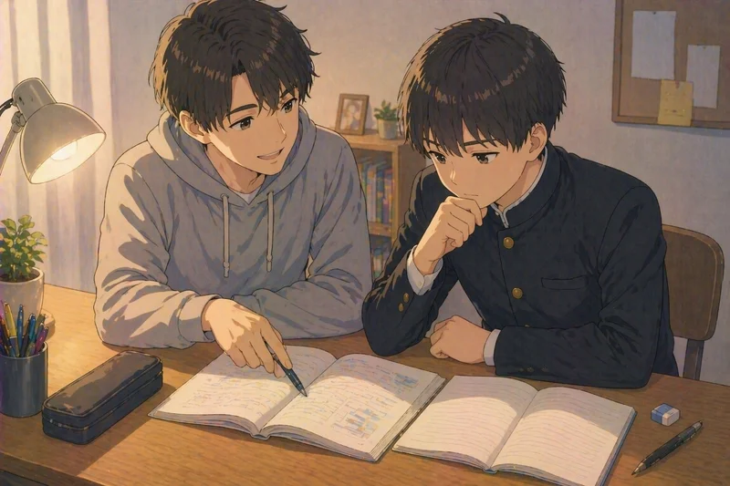 家庭教師が中学生のテスト勉強を優しくサポートしているイラスト