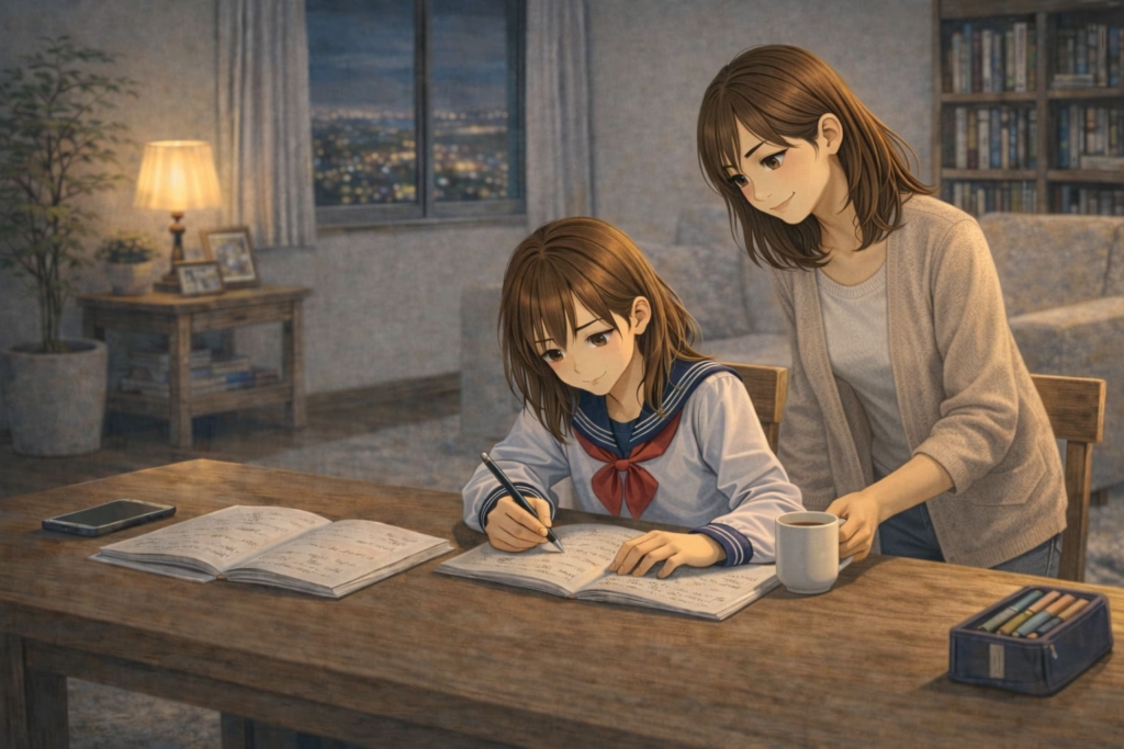 勉強する中学生の娘をそっと見守るママのイラスト