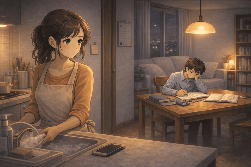 台所に立つママと、リビングで勉強する中学生のイラスト