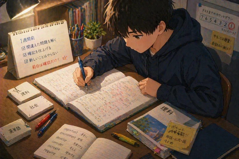 テスト1週間前にチェックリストで暗記や復習に集中する男子中学生のイラスト
