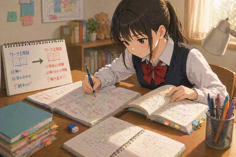 ワーク1周目を終えて2周目に取り組む女子中学生のイラスト