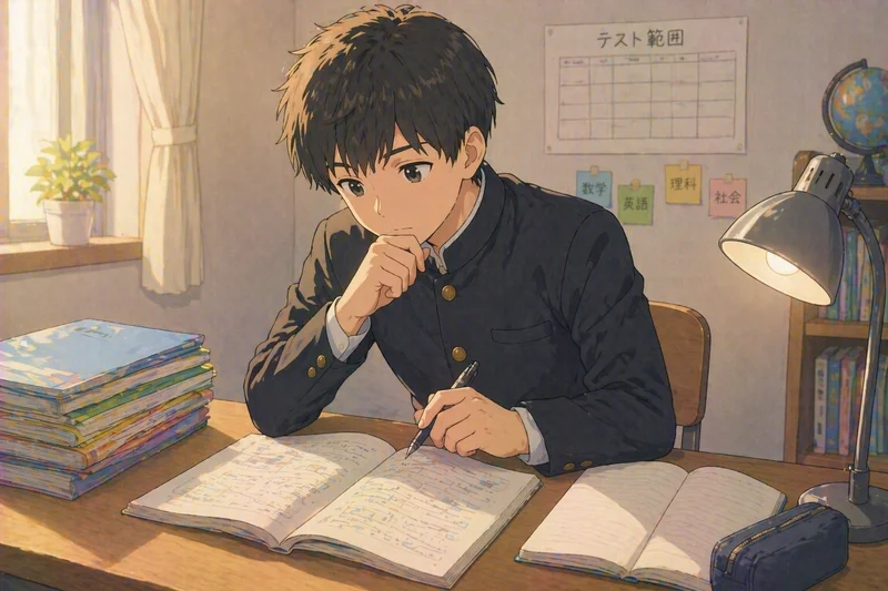 テスト3週間前にテスト範囲を確認して勉強を始める男子中学生のイラスト