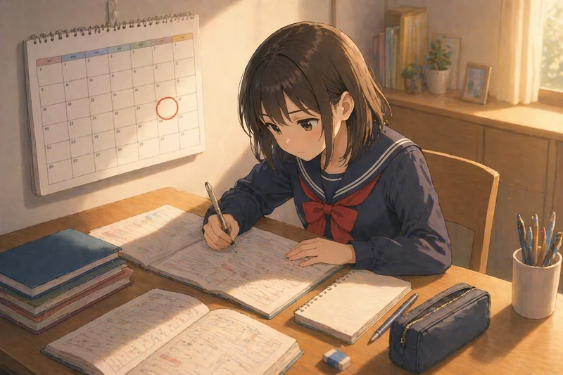 テスト勉強の計画をカレンダーで確認する女子中学生のイラスト