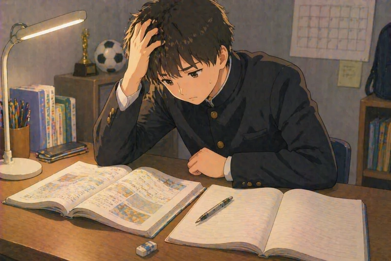 テスト勉強がうまくいかず悩む男子中学生のイラスト