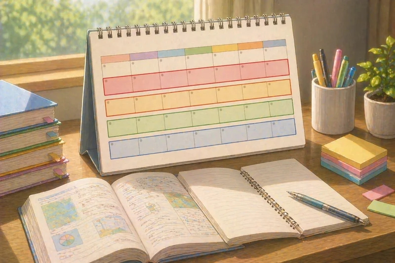 テスト勉強の時期別スタートラインをまとめたスケジュール表のイラスト