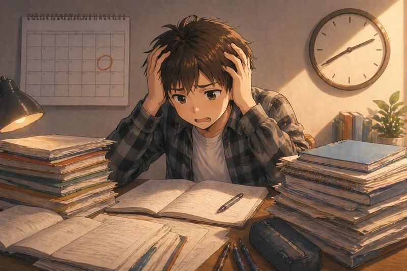 テスト1週間前にワークが手つかずだと気づいて焦る中学生のイラスト