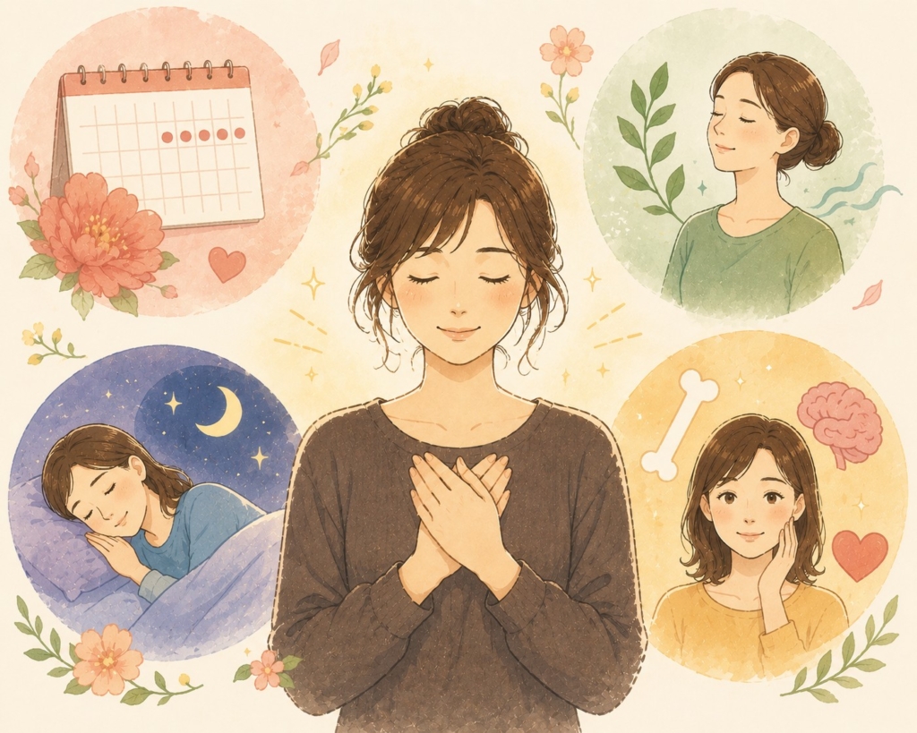 女性ホルモンの変化と睡眠・気分・体調の関係をイメージした40代女性のイラスト