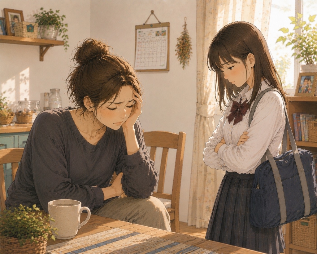 中学生の娘にイライラしてしまい、疲れた表情で座る40代ママのイラスト